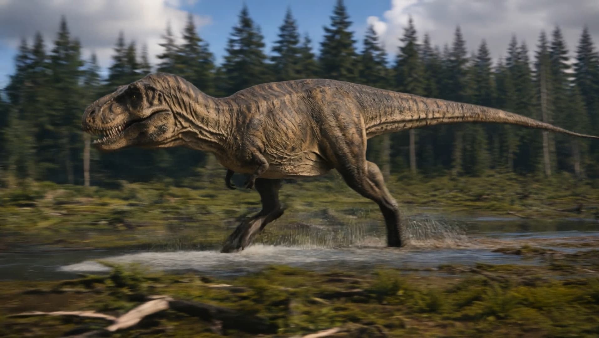 Still from The Dinosaur Chase — a T-rex running through shallow water