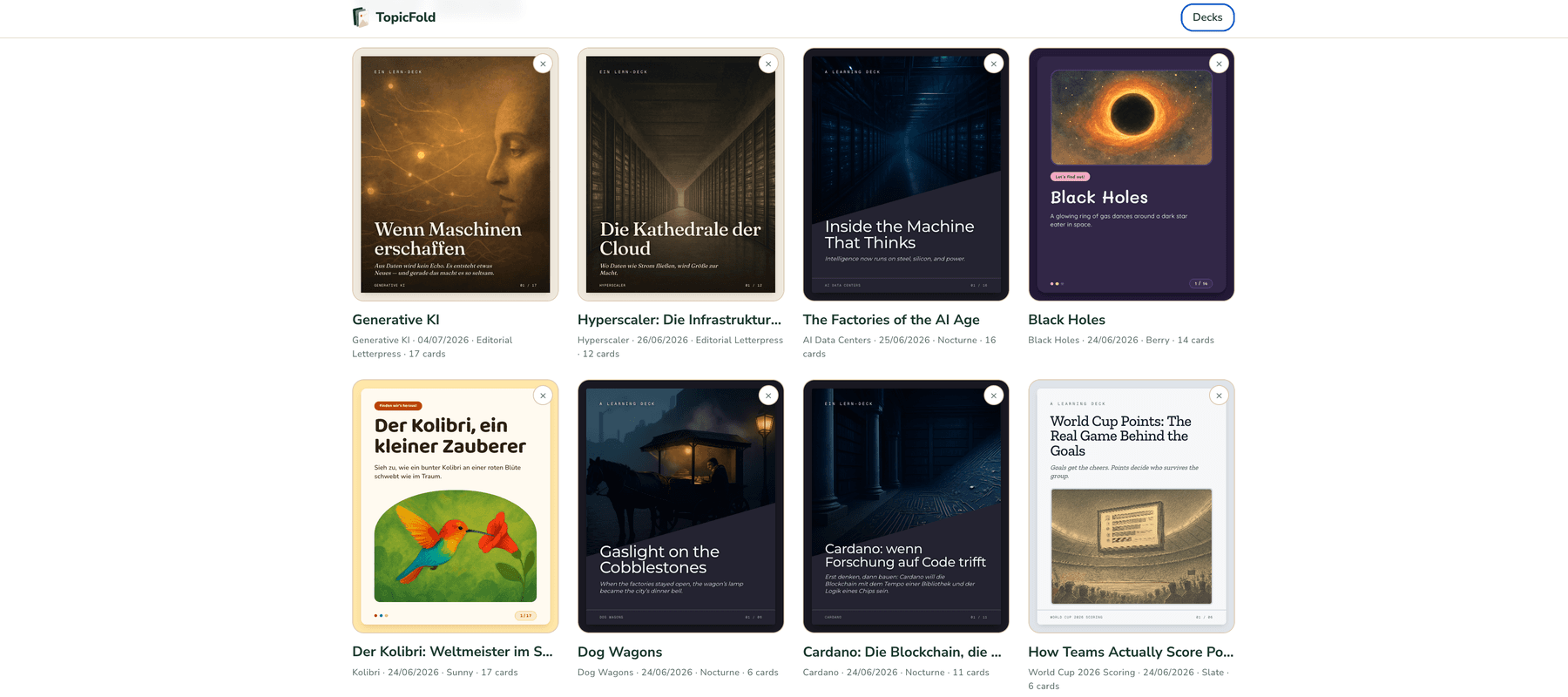 TopicFold interface — a topic turned into a structured visual document